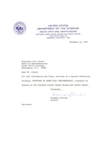 ["The document is a letter and brochure from the Indian Arts and Crafts Board regarding an exhibition of paintings by Bobby Hill (Whitebuffalo) at the Southern Plains Indian Museum and Crafts Center. The exhibition showcases Hill's work, who is described as the most successful Indian artist in the United States. The brochure provides information about Hill's background, his artistic career, and the exhibition featuring his recent works and retrospective collection. Prices of the paintings for sale are available through the Oklahoma Indian Arts and Crafts Cooperative."]