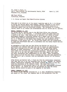 ["Mr. James A. Clark, Jr. from the OEH Field Office in Oklahoma City received inquiries from Mr. J. E. Oliver of Oliver and Parrish Septic Tank Company regarding Indian Health Service specifications for septic tank systems. Oliver and Parrish accused other contractors of not meeting the specifications and questioned why they did not receive contracts. After investigating, it was found that Oliver and Parrish were not connected to the OEH work and the tanks in question did meet specifications."]