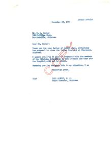 ["The letter is a response to a protest against the proposal to close the Indian Hospital at Claremore, Oklahoma. The sender assures the recipient that they will cooperate with the Oklahoma delegation to prevent the closure of the hospital."]