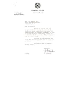 ["The letter is a request from W.W. Keeler, Principal Chief of the Cherokee Nation, to Honorable  Carl Albert, asking for his influence to stop the closure of the Indian Hospital at Claremore, Oklahoma by the A.U.S. Public Health Service. Keeler believes that closing the hospital would leave many Indians without medical treatment and considers it to be a false economy. He expresses appreciation for any help Albert can provide on this issue."]