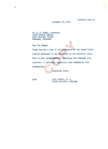 ["The letter is a thank you note from Carl Albert, a member of Congress, to Mr. J. J. Mingo, Secretary of the Creek Tribal Council, for sending a resolution regarding the recommendation for the Muskogee Area Director."]