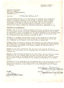 ["The Creek Tribal Council in Muskogee, Oklahoma is petitioning Congress and the Bureau of Indian Affairs to retain W. O. Roberts as the Area Director for the Five Civilized Tribes in Oklahoma. They praise Roberts for his leadership, efficiency, and dedication to the well-being of the Creek people. The council endorses Roberts for continued service in his position."]