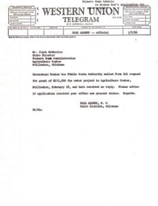 ["The document is a series of communications regarding a grant application for the Broken Bow Public Works Authority's water project. The application was sent to the Farmers Home Administration in Stillwater, Oklahoma, but there was no reply. The sender, Carl Albert, followed up with the authorities and received confirmation that the application was received and being reviewed. Subsequent letters express frustration with the lack of information and difficulty in reaching the right person for updates on the grant eligibility. The sender promises to provide an update once more information is obtained."]