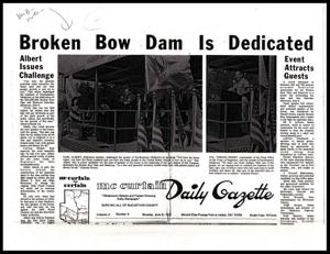 ["The Broken Bow Dam and Reservoir was dedicated in a ceremony attended by 500-700 people, including guest speaker Carl Albert. Albert praised the potential of the area's water resources and encouraged growth. The dam was built with tax dollars from all 50 states and was dedicated to a free and beautiful America. Albert, a potential candidate for Speaker of the House, discussed the history of upstream dams in the area and the fight for their construction. Various special guests were introduced, and the dedication was a crowd-pleasing event. The ceremony included performances by the Broken Bow high school band and emphasized the importance of taking care of the new reservoir."]