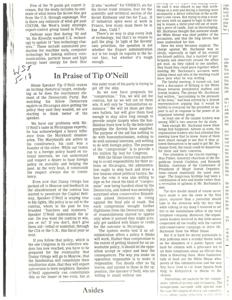 Copy of newspaper article titled "In Praise of Tip O'Neill" discussing Mr. O'Neill's taste in Nicaraguan experts