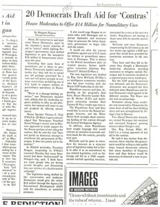 Copy of newspaper article titled &quot;20 Democrats Draft Aid for &quot;Contras&quot; regarding a legislation being drafted