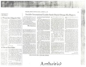 Copy of a Wall Street Journal Entry titled &quot;Socialist International Leader Sends Daniel Ortega His Regrets&quot;