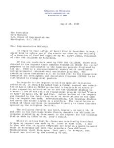 Correspondence from Carlos Tunnermann B. to Representative McCurdy informing him of a donation of food and supplies to Nicaragua