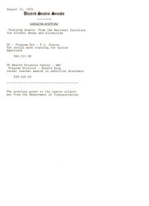 ["On August 14, 1974, the United States Senate received a memorandum regarding training grants from the National Institute for Alcohol Abuse and Alcoholism. The grants included funding for social work training for Native Americans at the OU Health Sciences Center in OKC and career teacher awards in addictive disorders. It was noted that the previous grant to the Lawton airport was from the Department of Transportation."]