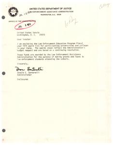 ["The United States Department of Justice's Law Enforcement Education Program has awarded grants and loans to law enforcement students attending various universities and colleges in Oklahoma for fiscal year 1975. The awards are based on the Administration's budget request and a continuing resolution. The letter enclosed in the document provides a list of participating institutions and the amount of funding they have received."]