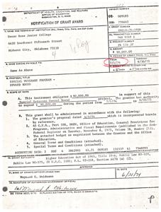 ["The text is a notification of grant award to Oscar Rose Junior College for a Special Veterans Upward Bound program. The grant amount is $90,000 for the period from 7/1/74 to 6/30/75. The grant must be administered according to specific terms and conditions outlined in the document. The grant authority is the Higher Education Act of 1965. The grant was approved on 6/21/74 by Maynard E. Weidmann."]