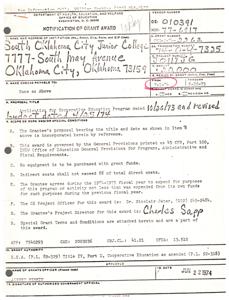 ["The text is a notification of grant award from the Department of Health, Education, and Welfare to South Oklahoma City Junior College for a Cooperative Education Program. The grant amount is $20,000 for the period of 7-1-74 to 6-30-75. The grant is governed by specific conditions and requirements outlined in the text, and the grant authority is H.E.A. (P.L. 89-329) Title IV, Part D, Cooperative Education. The notification includes contact information for the CE Project Officer and the Grantee's Project Director."]