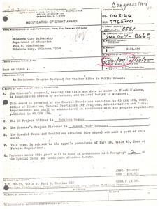 ["The text is a notification of a grant award for an enrichment program designed for teacher aides in public schools. The grant is for Oklahoma City University for the amount of $132,656 and the period of the grant is from July 1, 1974, to January 30, 1975. The grant is governed by certain provisions and regulations and is subject to appeals procedures. The grant authority is P.L. 90-35, Title V, Part D, Section 532. The purpose of the grant is to train teachers and other personnel for schools with a high concentration of Indian children."]