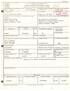 ["The text is a notification of a grant award from the U.S. Environmental Protection Agency to Perry Dwain Farley at The University of Oklahoma for a fellowship project related to seeking a M.S. degree in Environmental Science. The total project cost is $6,500 and the project period is 12 months. The grant is awarded under the Federal Water Pollution Control Act, Section 10. The grant agreement will be mailed on or after July 3, 1974."]