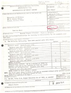 ["Paul J. Krakes of the Department of Health Education and Welfare in Washington D.C. has been awarded a grant from the Office of Education for the University of Oklahoma for the project FY 1974 Fellowships/Traineeships for training in Librarianship for the academic year 1974-1975. The grant amount is $19,920 and includes funding for various levels of study and allowances for travel and institutional support. The grant is authorized under the Higher Education Act of 1965."]
