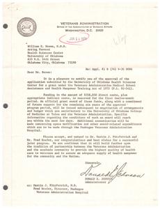 ["The Veterans Administration has approved a grant for the University of Oklahoma Health Sciences Center under the Veterans Administration Medical School Assistance and Health Manpower Training Act of 1972. The grant is for $258,850 for the first year, with funding for the remaining six years pending successful program progress. The grant is for the development of a College of Medicine at Tulsa as an outreach campus of the University of Oklahoma College of Medicine in Oklahoma City. The program aims to provide high-quality health care to veterans and ensure an adequate supply of health manpower."]