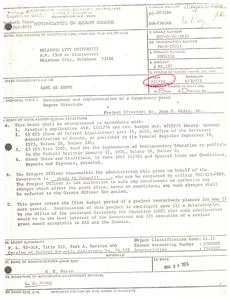 ["Oklahoma City University has been awarded a grant of $88,187 for the project titled Development and Implementation of a Competency-Based Degree Structure led by Dr. John W. White, Jr. The grant is to be administered in accordance with specific regulations and conditions, with a Project Officer named Grady Mc Gonagill overseeing the grant. The grant covers the first budget period of the project, with continuation contingent upon approval from the Office of the Assistant Secretary for Education. The grant authority is under P. L. 92-318, Title III, Part A, Section 404. The grant was approved on May 30, 1974 by C. E. Perry."]