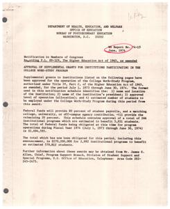 ["The text is a notification to members of Congress regarding the approval of supplemental grants for institutions participating in the College Work-Study Program under the Higher Education Act of 1965. The grants will cover 80 percent of student payrolls, with the remaining 20 percent covered by the institution. The total Federal funds being obligated for program operations during Fiscal Year 1974 is $2,694,595, benefiting an estimated 5,851 students. Contact information for further inquiries is provided."]