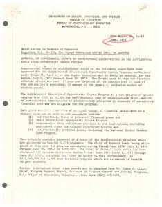 ["This text is a notification to members of Congress regarding the approval of supplemental grants to institutions participating in the Supplemental Educational Opportunity Grants Program under the Higher Education Act of 1965. The grants range from $200 to $1,500 and are awarded to students with exceptional financial need. The text provides a list of institutions, their presidents, grant amounts, and estimated number of student awards. The total Federal funds obligated for the program during Fiscal Year 1974 is $210,300,000 benefiting 301,938 students. Further information can be obtained from Mr. James G. Allen at the U.S. Office of Education."]
