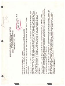 ["The text is a notification to members of Congress regarding the approval of allocations to institutions participating in the National Direct Student Loan Program. Federal funds will provide 90% of the capital contributions, with institutions providing the remaining 10%. The total amount being allocated for Fiscal Year 1975 is $284,533,539 to benefit an estimated 677,681 students. The program is administered by the Division of Student Support and Special Programs, and further information can be obtained from Mr. James G. Allen. The text lists the institutions, their locations, presidents, allocation amounts, and estimated number of student borrowers."]