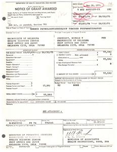 ["The Department of Health, Education, and Welfare has issued a grant to the University of Oklahoma for a project titled Speech Pathology & Audiology Teacher Preparation/PhD under the supervision of Principal Investigator Donald T Counihan. The approved budget for the project is $17,592 for the period of 07/01/74 through 06/30/75. The grant covers direct costs such as personnel and equipment, with certain restrictions on budget categories. The accountability for equipment is conditionally waived. The grant will be monitored by the Director of Financial Services at the University of Oklahoma."]