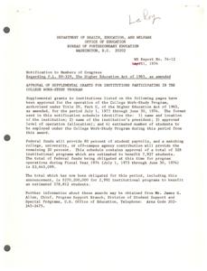 ["The text is a notification to members of Congress regarding the approval of supplemental grants for institutions participating in the College Work-Study Program. The grants will provide funding for student payrolls, with federal funds covering 80% and institutions covering the remaining 20%. The text lists the institutions, their presidents, approved allocations, and estimated number of students to benefit from the program. It also provides contact information for further inquiries."]