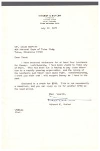 Letter from Vincent E. Butler Expressing Support for Dewey and Financial Contribution, 1971-07-13