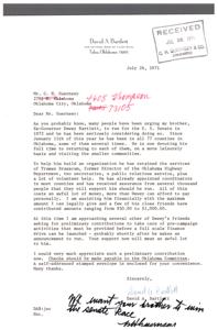 Letter from David A. Bartlett Regarding Fundraising Efforts for Brothers Potential Senate Run, 1971-07-26