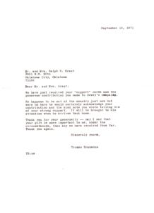 Letter of Appreciation for Campaign Contribution, 1971-09-16