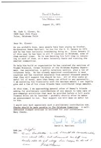 Letter from David A. Bartlett Requesting Financial Support for Dewey Bartletts Possible Senate Run, 1971-08-25