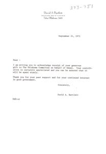 Letter of Acknowledgement for Donation to The Oklahoma Committee, 1971-09-21