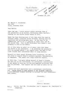 1971 Fundraising Letter for Dewey Bartletts Senate Campaign, 1971-11-29