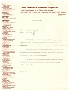 ["The text lists the co-chairmen, vice-chairman, organizing members, and committee members of a non-partisan committee for an effective federal government. It includes their names, titles, and affiliations. The committee will conclude hearings on a Department of Community Development bill soon and mark-up sessions will begin shortly after. The members are encouraged to discuss possible contacts with members of Congress as the Committee begins action on the bill."]