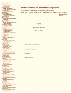["The text lists the co-chairmen and organizing members of a committee for government reorganization, as well as the suggested action program for the committee. The action program includes a letter campaign, articles/media program, TV documentary, advertising in print media, speakers bureau, television appearances by members, Washington conference, materials for distribution in the educational community, and city visits. The goal is to raise awareness and support for government reorganization."]