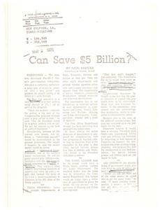 ["Roy Ash, president of Litton Industries, developed a governmental reorganization plan that could save $5 billion annually. The plan involves merging several departments and agencies with overlapping functions, but faces opposition from Congress and special interest groups. Ash believes that a substantial amount of the reorganization could be accomplished in the current generation, and that streamlining government would result in a management dividend of increased efficiency and cost savings. The plan is based on past commissions and recommendations from Nixon's administration."]