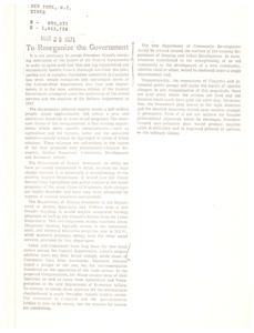 ["President Nixon has proposed a reorganization of the Federal Government, consolidating seven Cabinet-level departments into four new departments. The plan aims to improve efficiency and service delivery, regrouping departments based on broad missions rather than specific constituencies. The Department of Natural Resources, Human Resources, Community Development, and Economic Affairs would be created. The reorganization includes transferring responsibilities and programs between departments to better align with their missions. Some changes, such as merging Labor and Commerce into the Department of Economic Affairs, are seen as bold moves that may face opposition but are necessary for reform."]