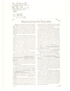 ["President Nixon has proposed a reorganization plan to streamline the executive branch, including reducing the number of cabinet departments and transferring some functions to a proposed Department of Natural Resources. The plan has faced opposition from the Pentagon, environmentalists, and Congress, but is seen as necessary for improving government efficiency and saving money. While some reservations exist about the plan, overall it is considered a valid solution to the current disorganized government structure."]