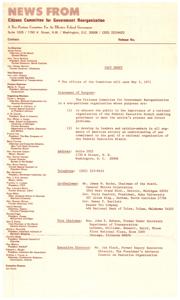 ["The Citizens Committee for Government Reorganization is a non-partisan organization aimed at educating the public and leaders on the importance of rational organization within the Federal Executive Branch to address the nation's problems effectively. The committee is set to open on May 3, 1971, and is led by prominent individuals from various sectors."]