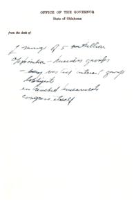 ["The text is a message from the Governor of Oklahoma discussing interactions with various interest groups and lobbyists in the state government."]