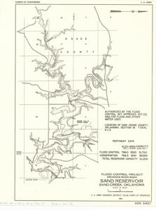 ["Sand Reservoir, Flood Control Project, Arkansas River Basin. 8 x 10.5. United States, Dept. of the Army, Tulsa District Corps of Engineers, 1963."]