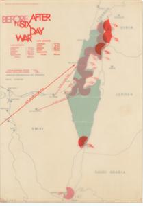 ["TITLE: Before/After the Six Days War. Israeli Defense Forces Spokesman, 1971.  The map illustrates the territorial changes before and after the Six Days War, highlighting the expansion of Israeli-controlled areas. The dimensions of the map are 18 x 24 inches."]