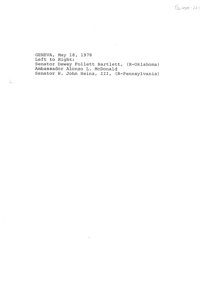 ["Dewey Bartlett standing with Ambassador Alonzo L. McDonald and H. John Heinz III, during a visit to the Tokyo Round Delegation in Geneva, Switzerland - image 221"]