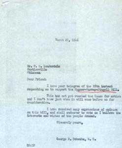1946 Correspondence Between W. O. Lauderdale and George B. Schwabe Regarding Support for a Bill, 1946-03-28