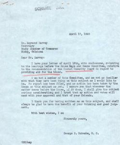 Correspondence Between the Bixby Chamber of Commerce and Congressman George B. Schwabe on Aid for the Blind, 1946-04-12