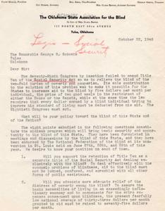Letter from the Oklahoma State Association for the Blind to Congressman George B. Schwabe Regarding Improving Conditions for the Blind, 1946, 1946-10-22