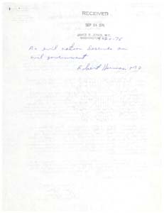 Letter from Dr. Robert Herman to Congressman James R. Jones, September 20, 1976