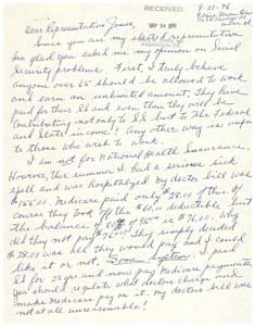 Letter from Ms. Elsie Davis to Congressman James R. Jones, September 21, 1976