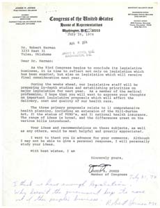 Letter from Dr. Robert Herman to Congressman James R. Jones , July 26, 1974 - August 6, 1974