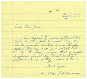 Letter from Mr. and Mrs. R. O. Weaver to Congressman James R. Jones regarding gun control, May 3, 1976