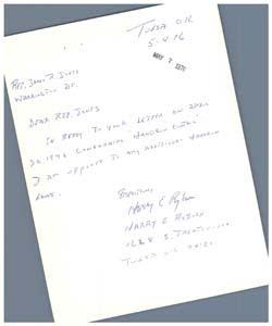 Letter from Mr. Harry E. Rayburn to Congressman James R. Jones regarding gun control, May 4, 1976
